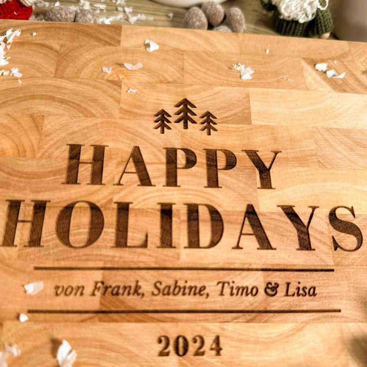 Personalisiertes Schneidebrett Stirnholz Happy Holidays extragroß.