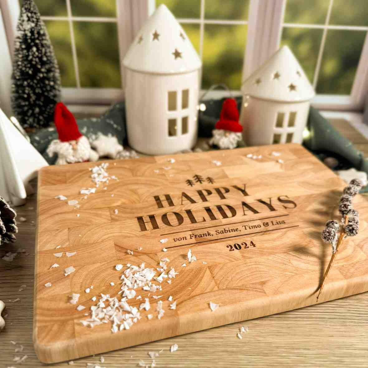 Personalisiertes Schneidebrett Stirnholz Happy Holidays 2024.