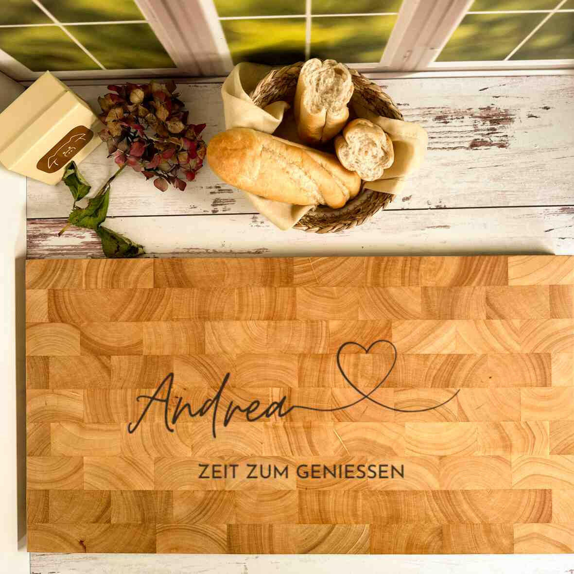 Personalisiertes Schneidebrett Stirnholz Name Herz Spruch extragroß.