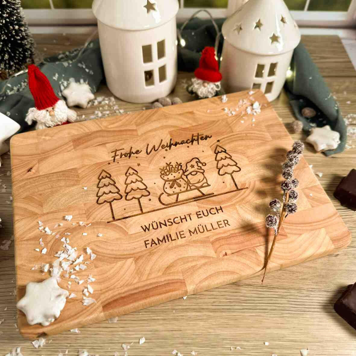 Personalisiertes Schneidebrett Stirnholz Frohe Weihnachten.