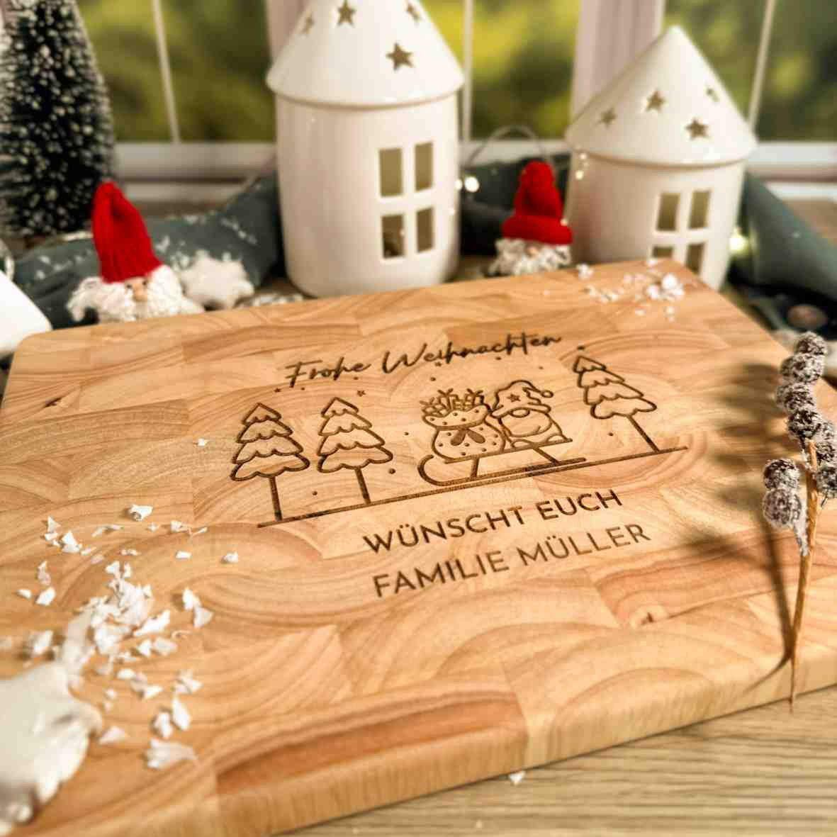 Personalisiertes Schneidebrett Stirnholz Frohe Weihnachten.