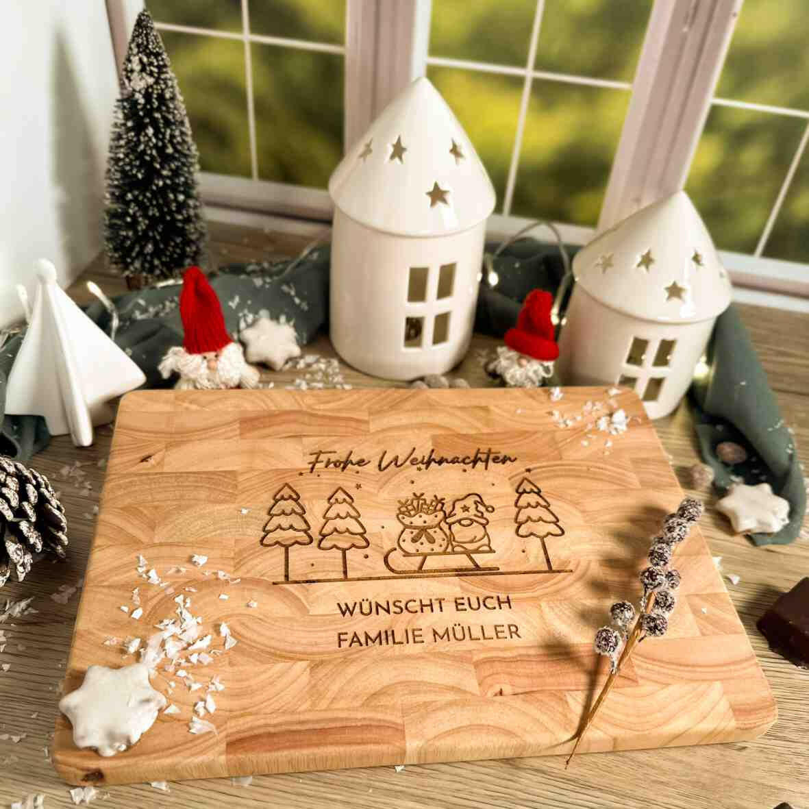 Personalisiertes Schneidebrett Stirnholz Frohe Weihnachten.