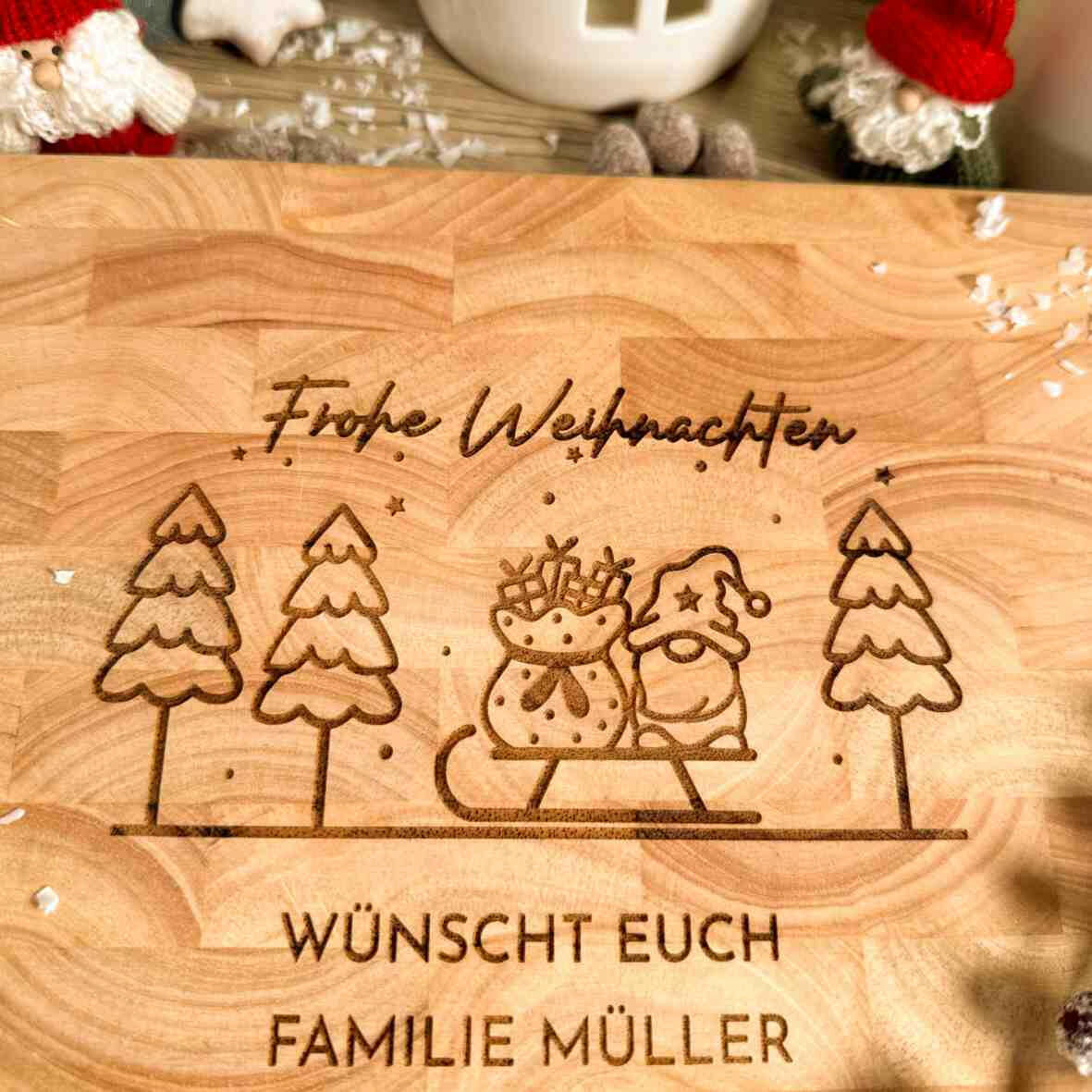 Personalisiertes Schneidebrett Stirnholz Frohe Weihnachten.