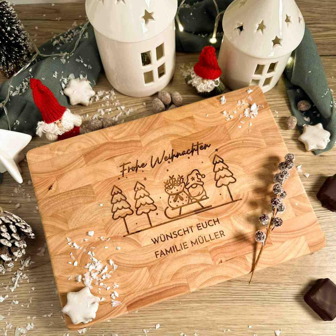 Personalisiertes Schneidebrett Stirnholz Frohe Weihnachten.