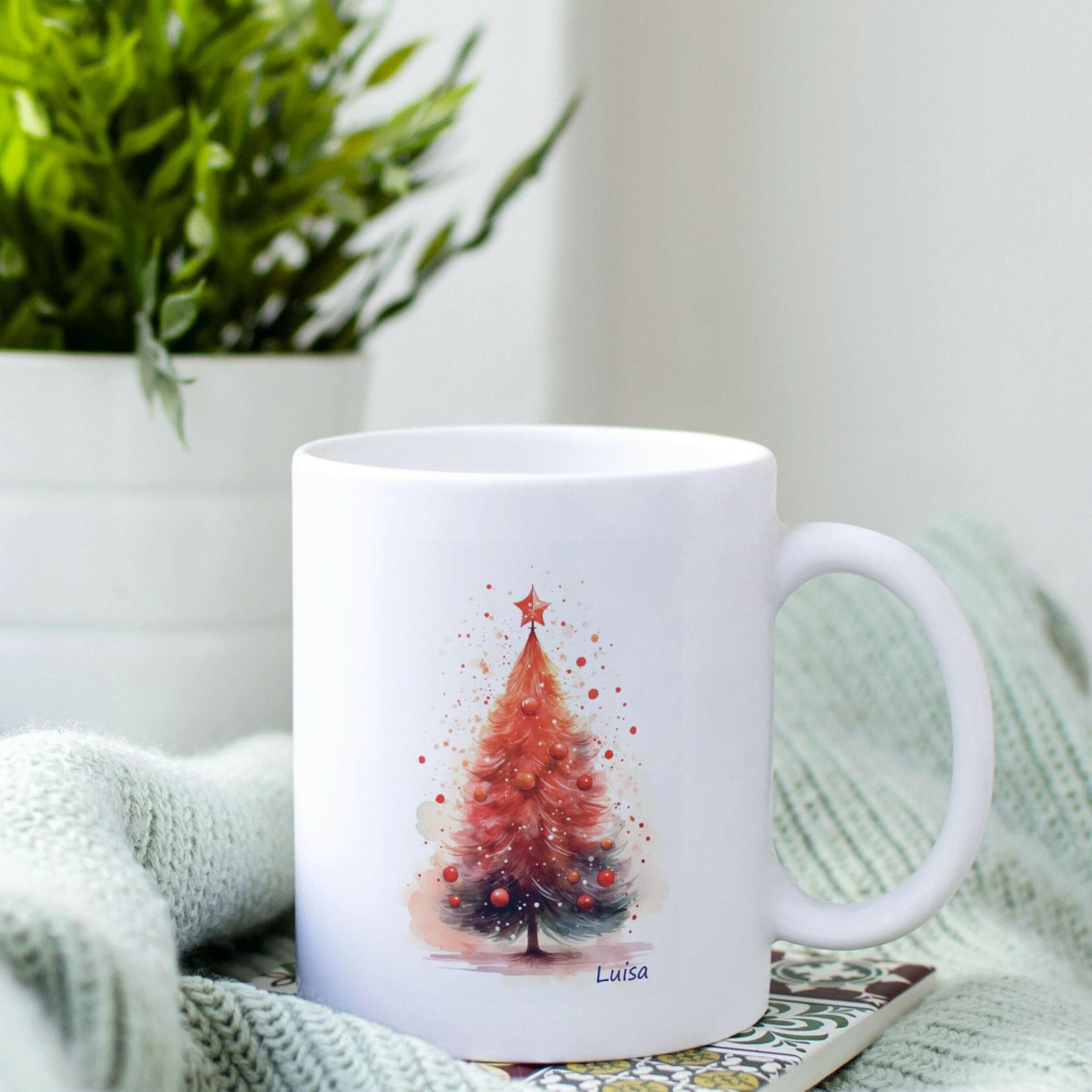 Personalisierte Tasse, Weihnachtsbaum rot.
