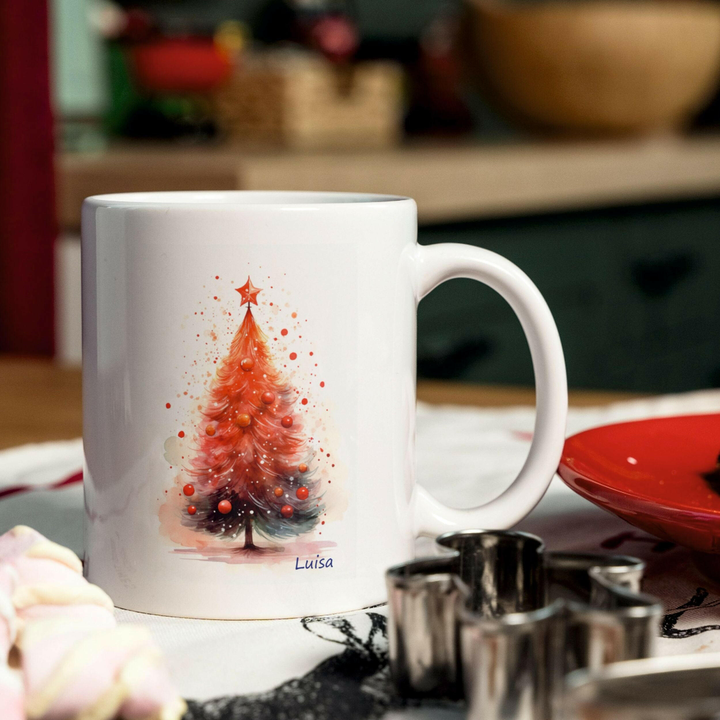 Personalisierte Tasse, Weihnachtsbaum rot.