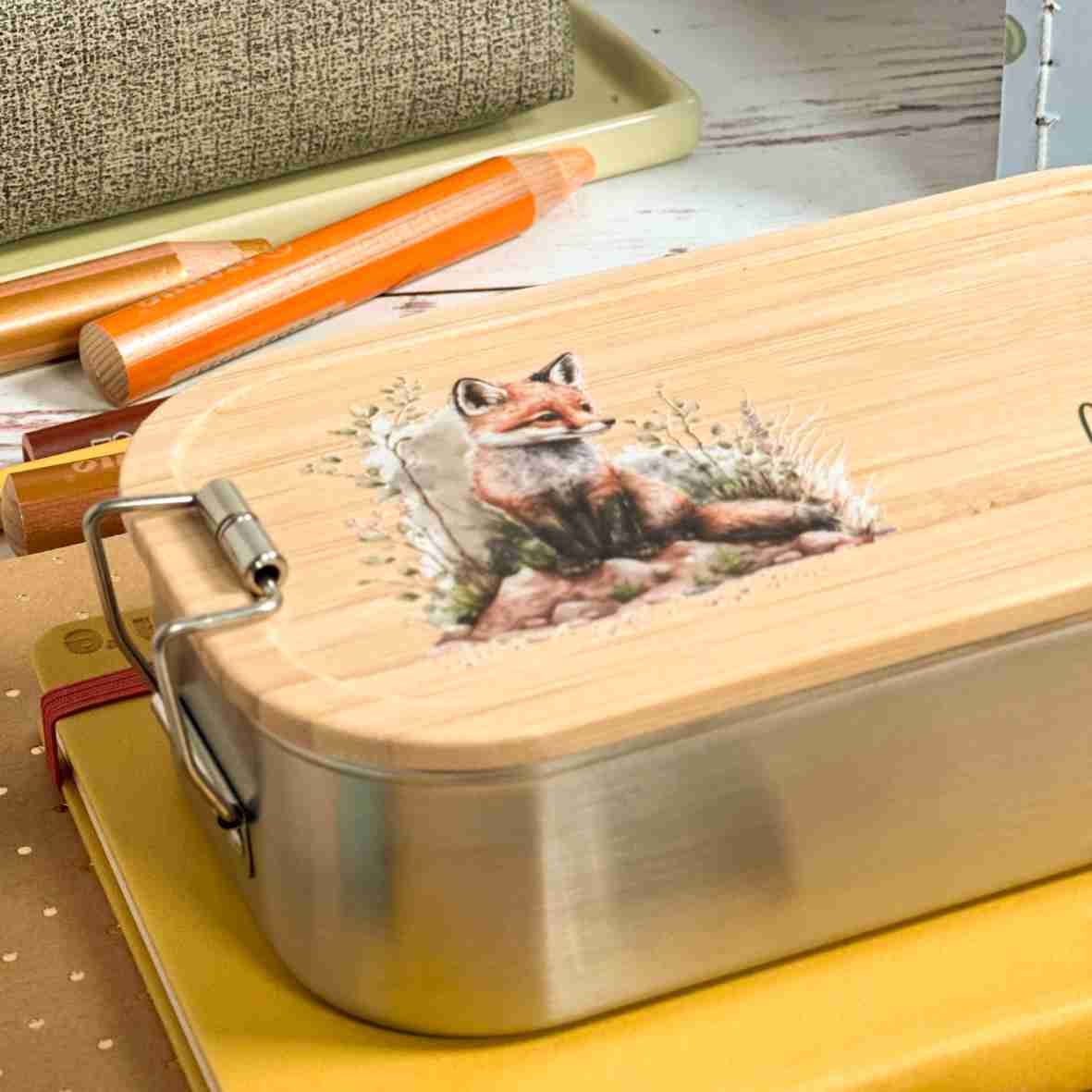 Edelstahl Brotdose Bambusdeckel Fuchs