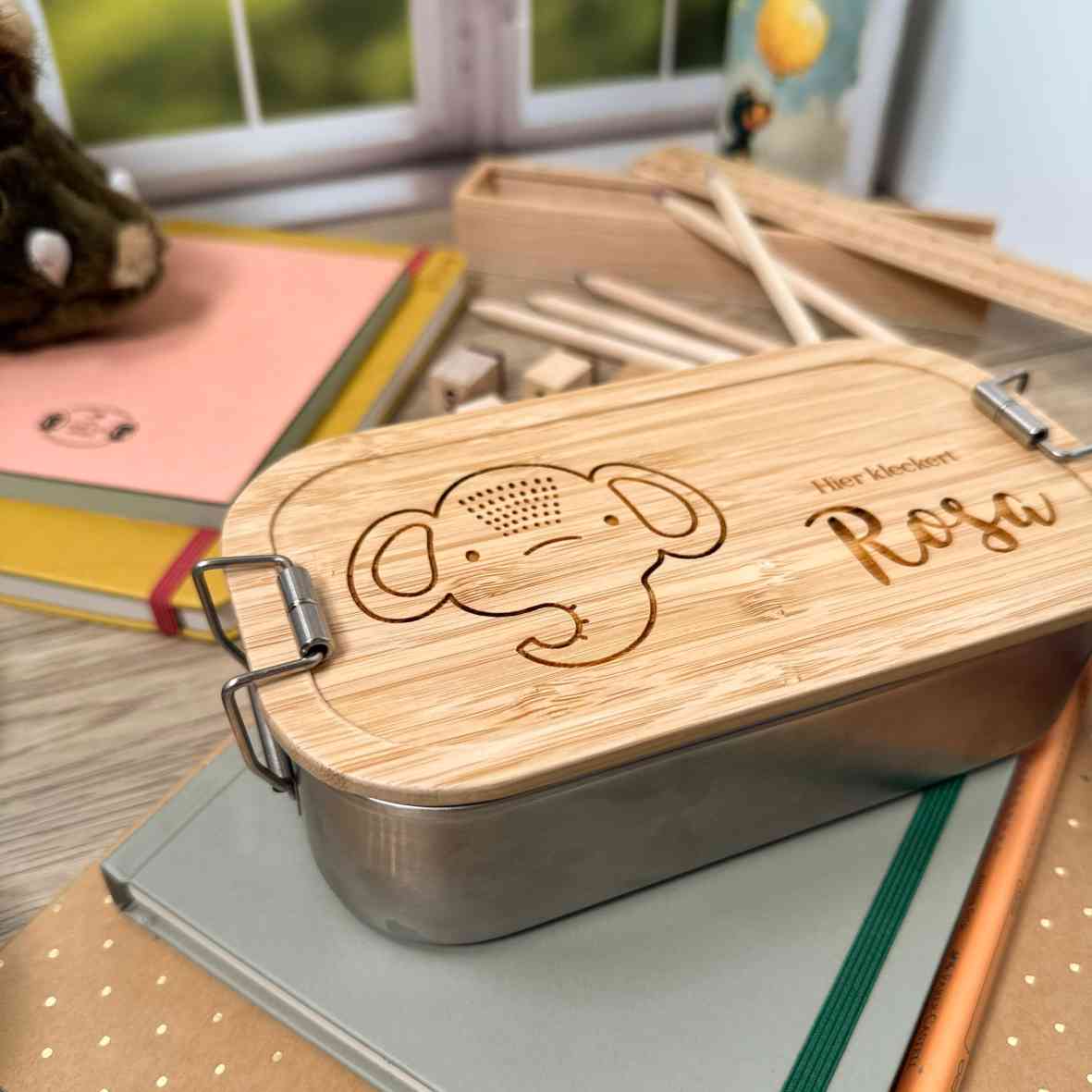 Personalisierte Brotdose mit Elefant und Namensgravur