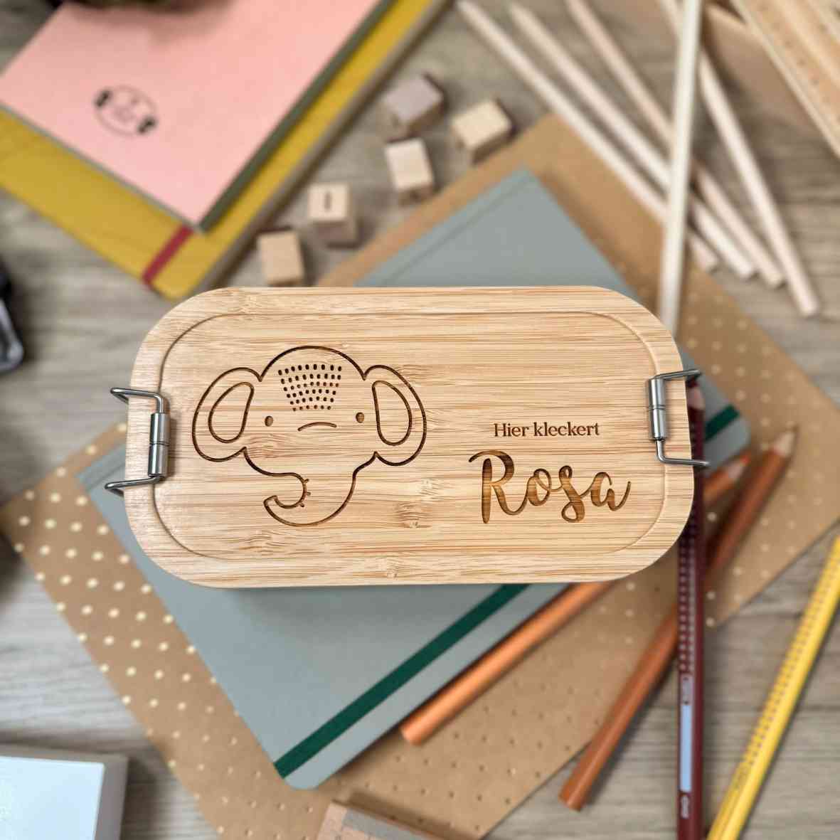 Personalisierte Brotdose mit Elefant und Namensgravur