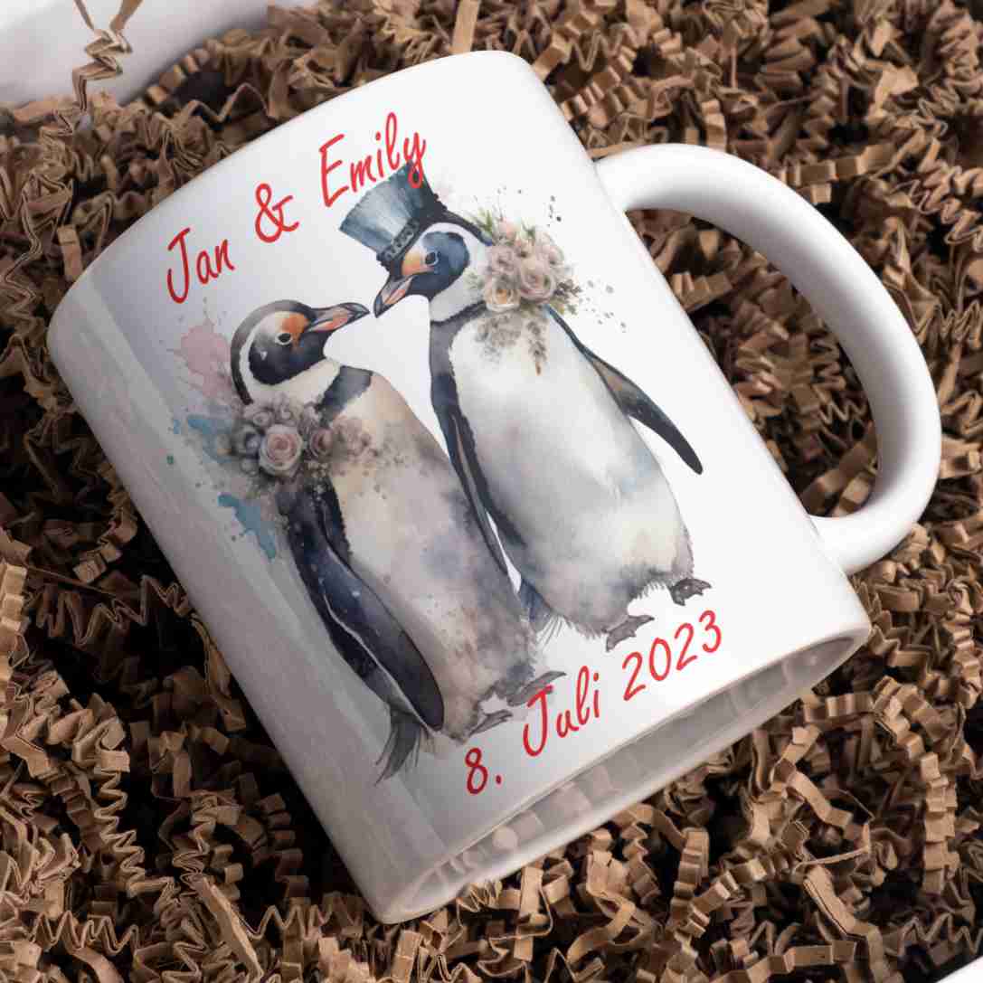 Personalisierte weiße Keramiktasse mit Aquarell-Motiv eines Pinguin-Brautpaars.
