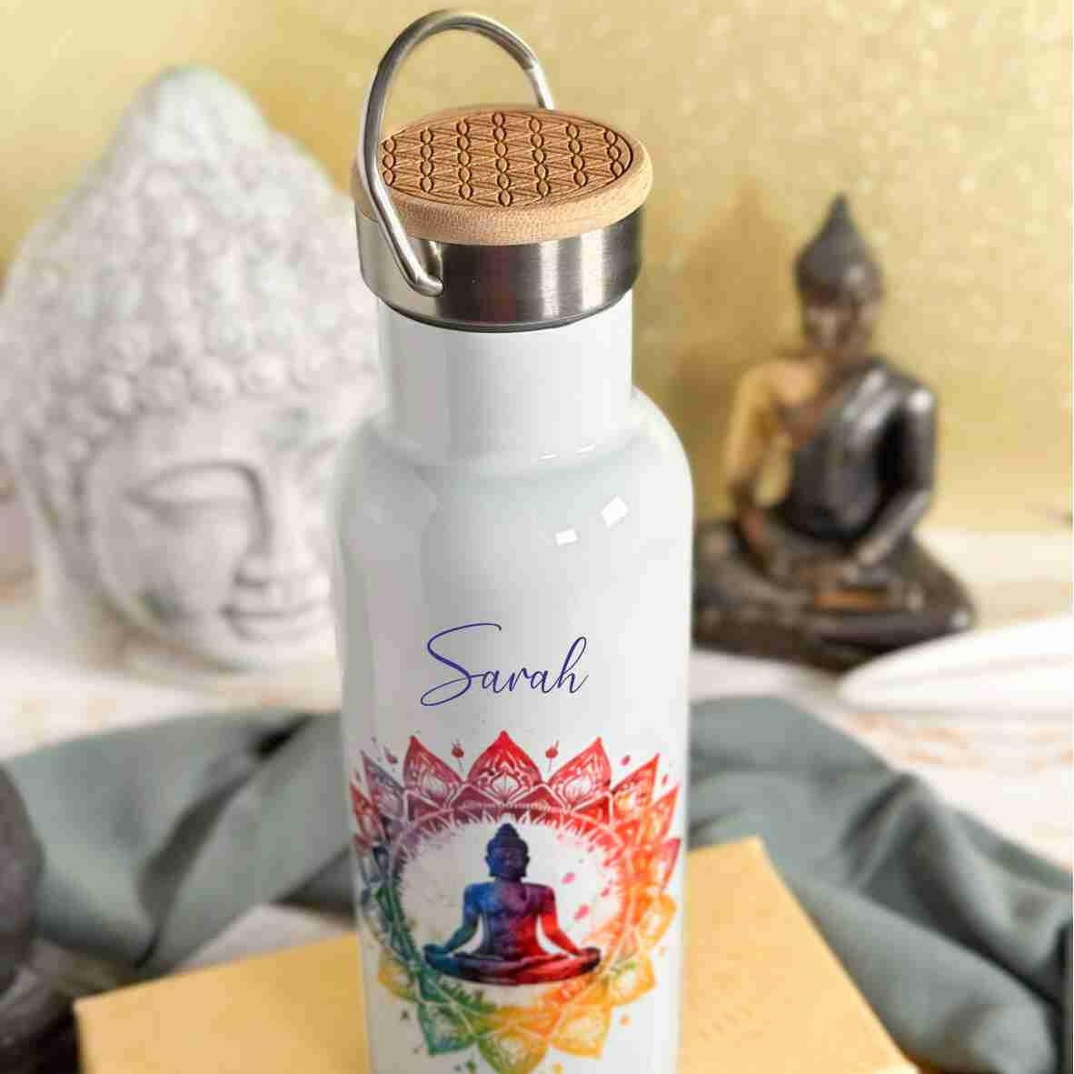 Thermoflasche weiß Buddha bunt.