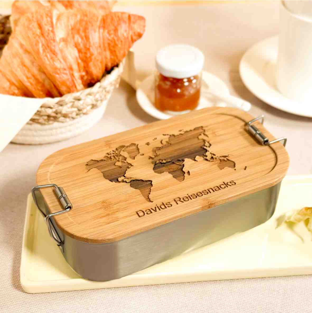 personalisierte Brotdose Weltkarte - Edelstahl mit Bambusdeckel Villa-Schwein 