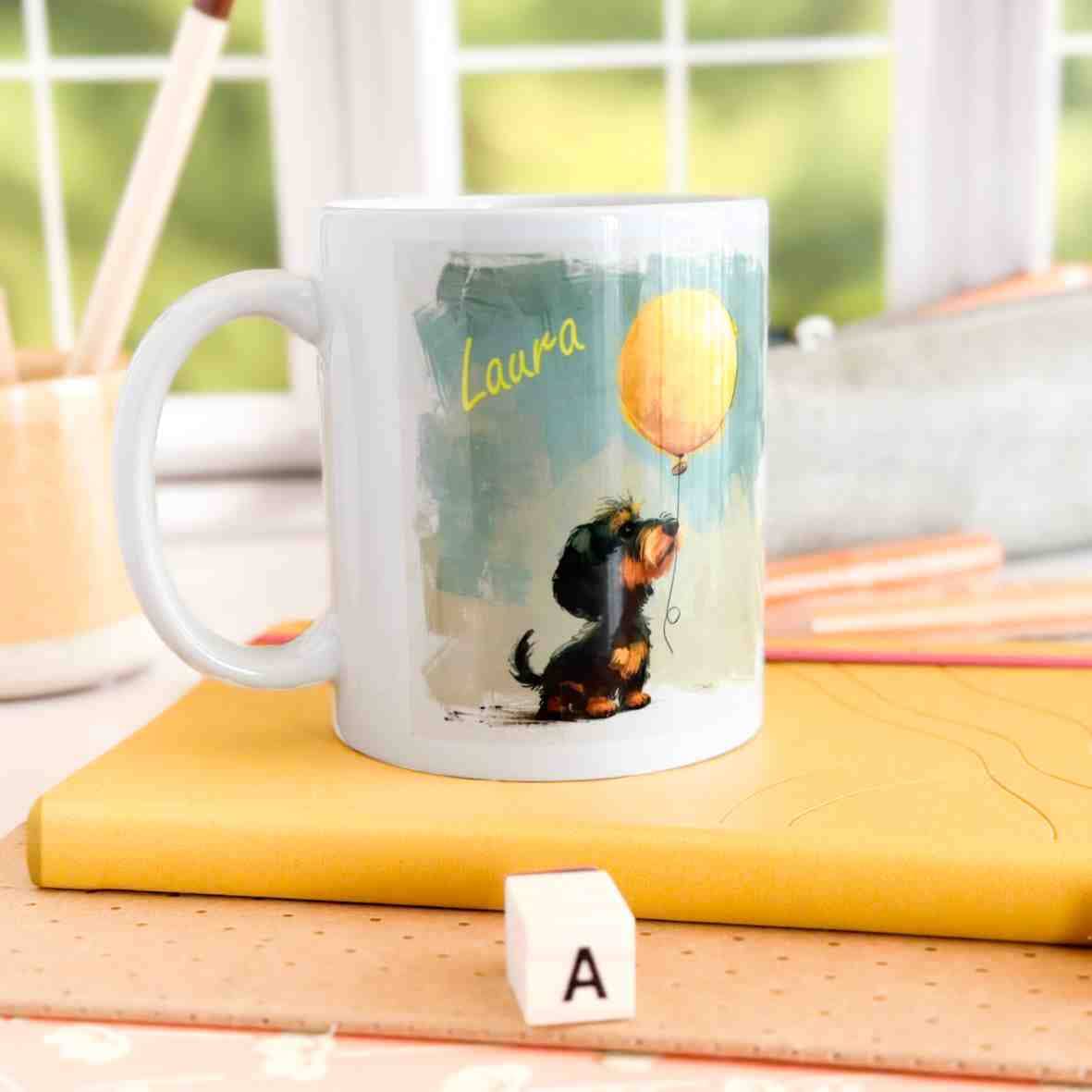 personalisierte Tasse Rauhaardackel Ballon Villa-Schwein 