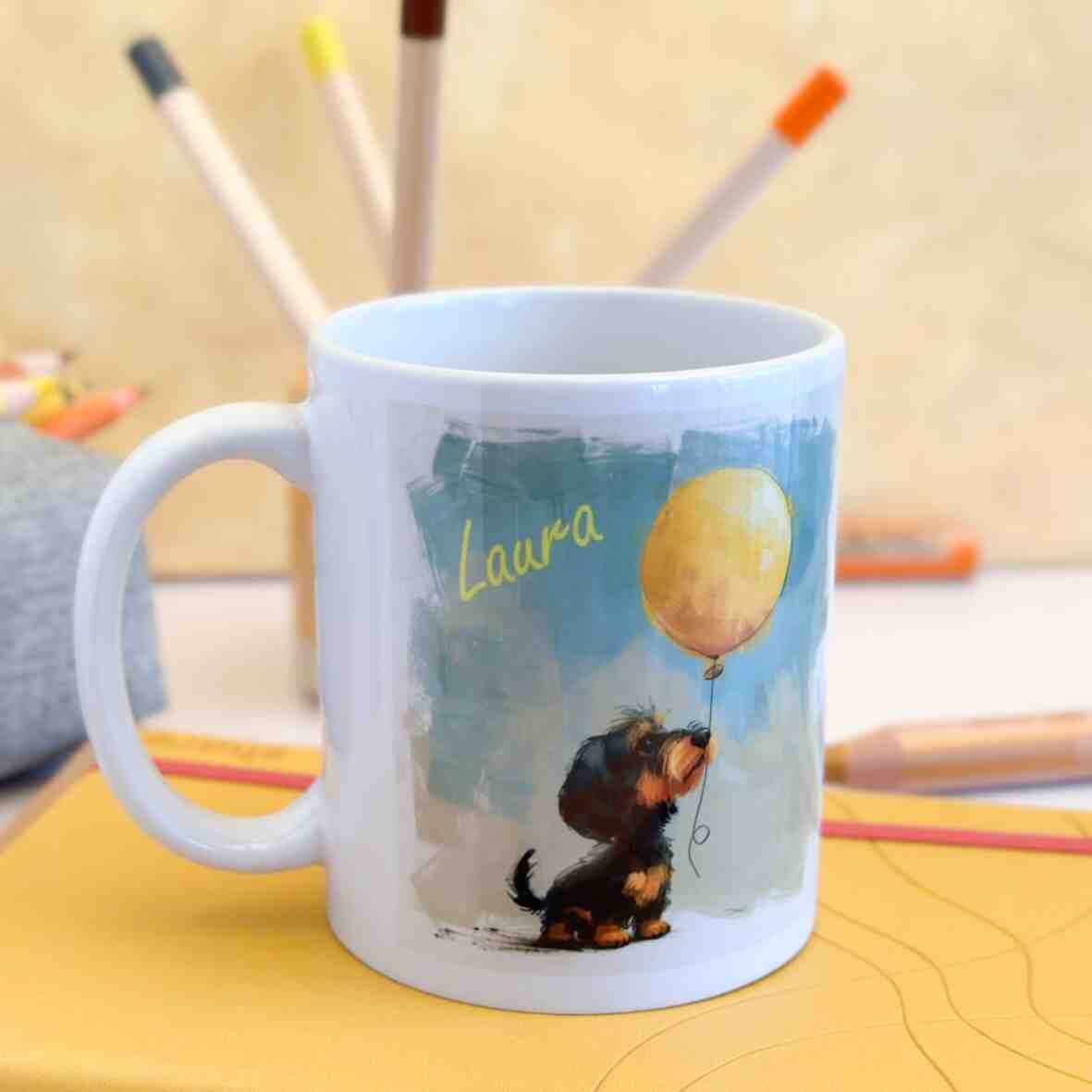 personalisierte Tasse Rauhaardackel Ballon Villa-Schwein 