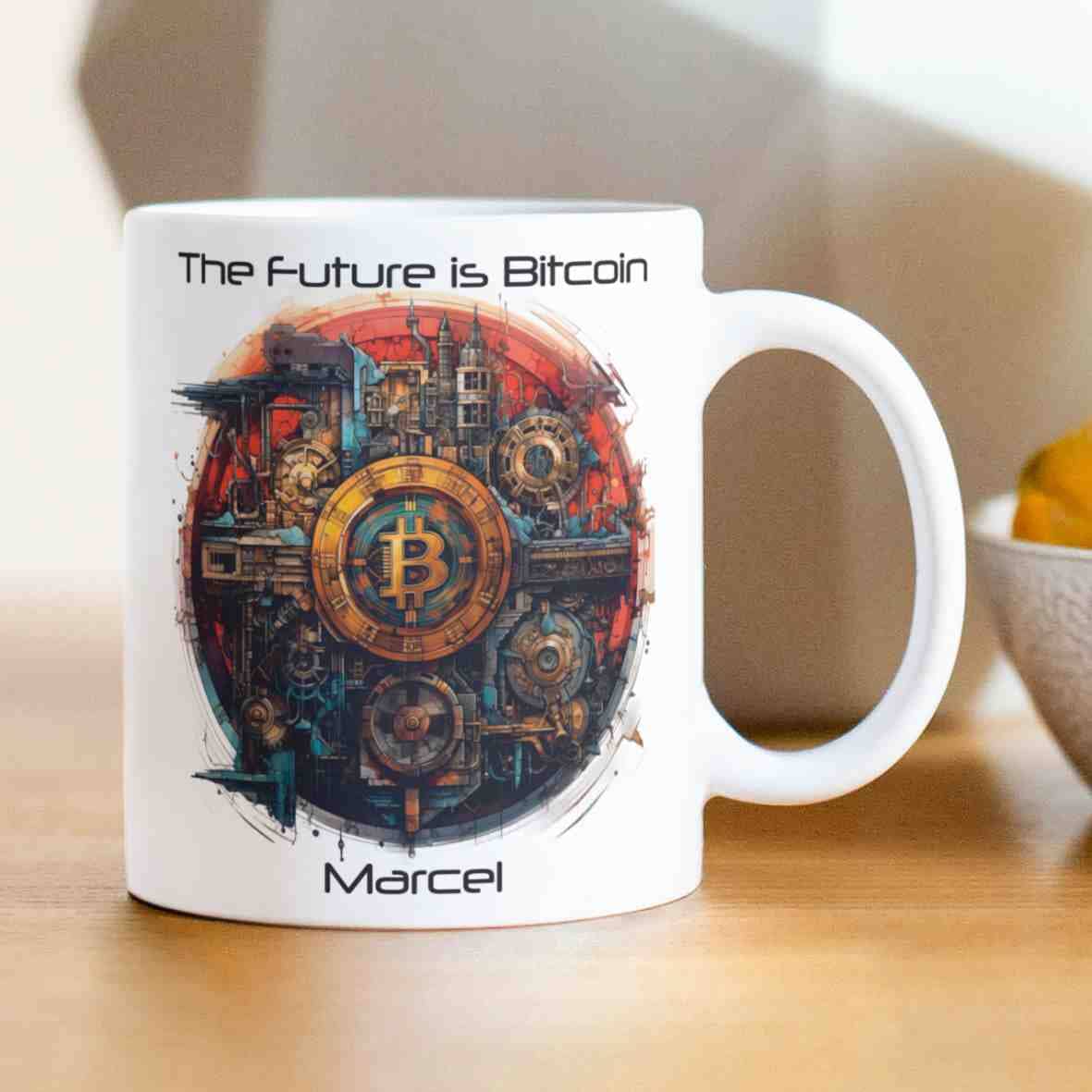 personalisierte Tasse The Future is Bitcoin-Grafik Villa-Schwein 