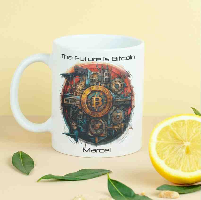 personalisierte Tasse The Future is Bitcoin-Grafik Villa-Schwein 