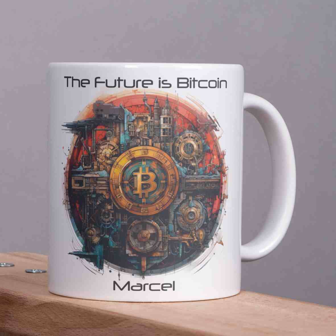 personalisierte Tasse The Future is Bitcoin-Grafik Villa-Schwein 