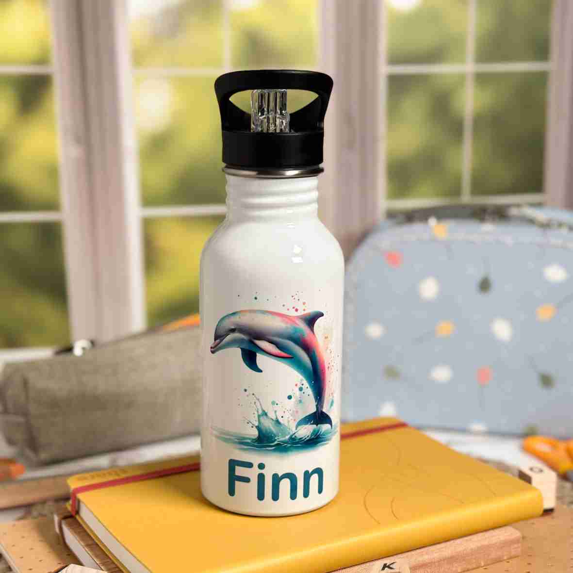 Personalisierte Edelstahl-Trinkflasche Delfin