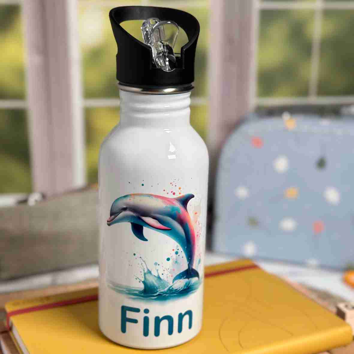 Personalisierte Edelstahl-Trinkflasche Delfin