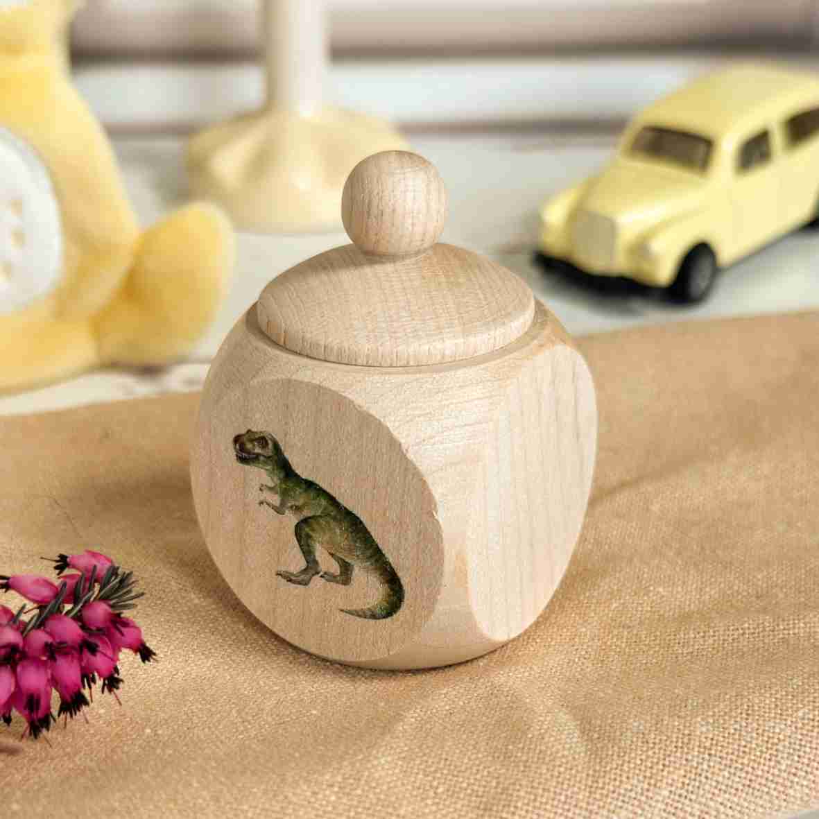 Personalisierte Milchzahndose Holz mit Dino & Namen – Zahnfee Geschenk für Jungen & Mädchen