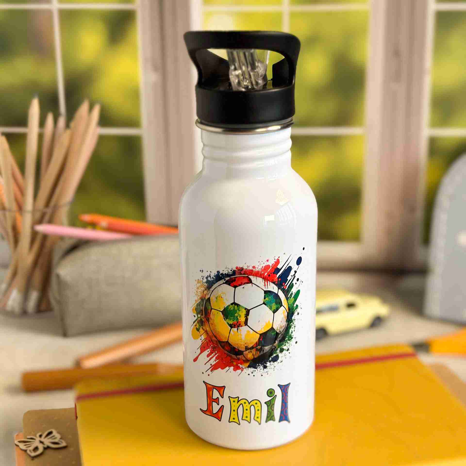 Edelstahl-Trinkflasche Fußball mit Name