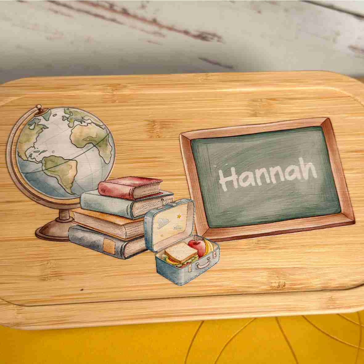 Personalisierte Brotdose aus Edelstahl mit Schulmotiv – Lunchbox mit Name & Bambusdeckel zur Einschulung