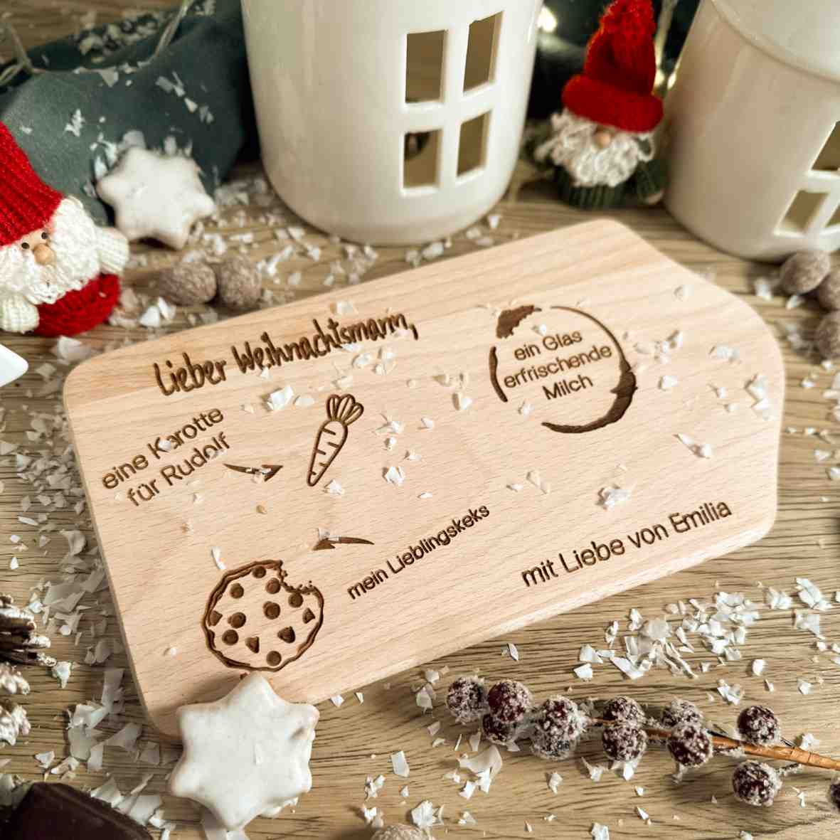 personalisiertes Frühstücksbrettchen Kapellenform Lieber Weihnachtsmann Villa-Schwein 