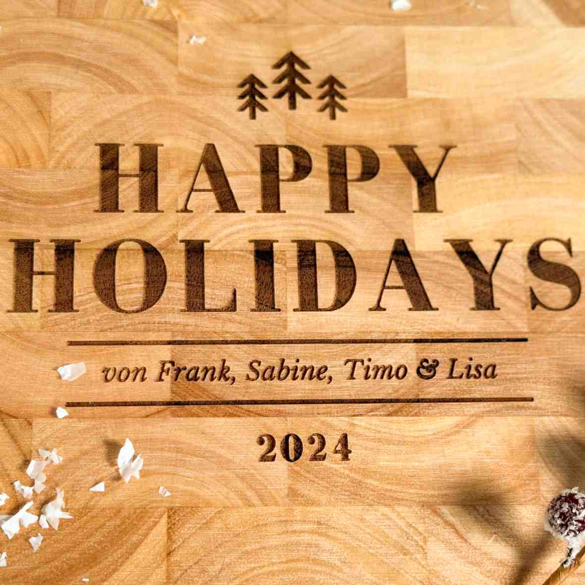 personalisiertes Schneidebrett Stirnholz Happy Holidays Villa-Schwein 