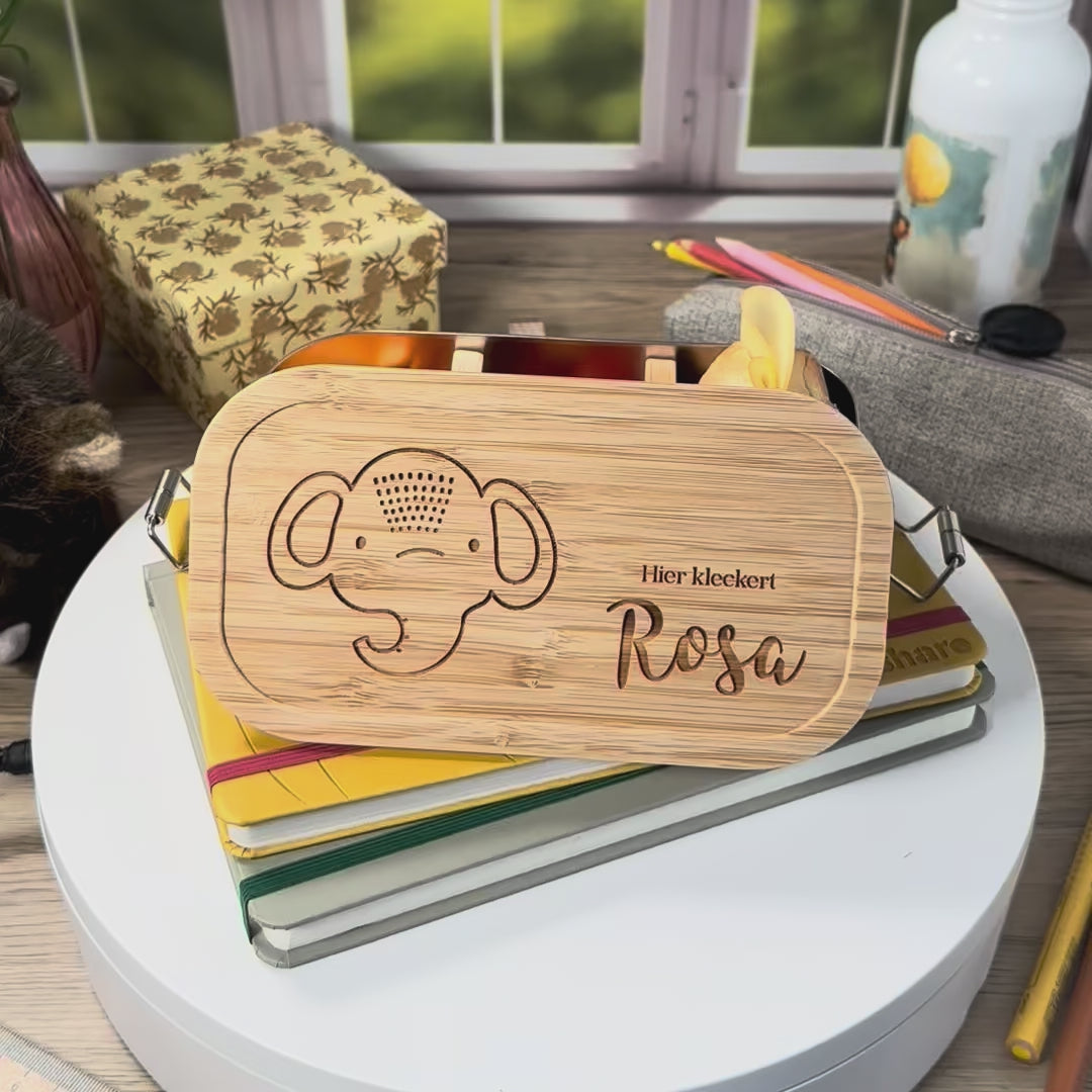 Personalisierte Brotdose mit Elefant und Namensgravur