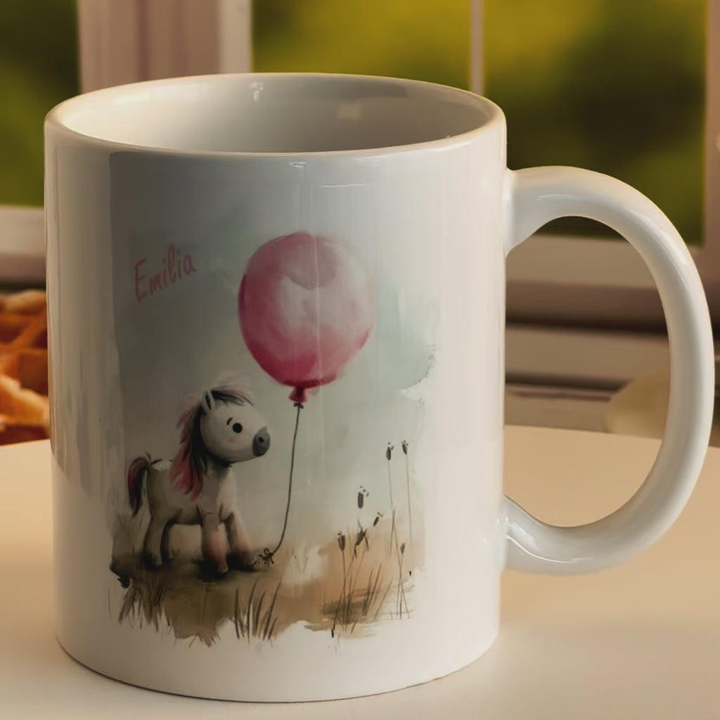 Personalisierte Tasse Pony rosa Ballon