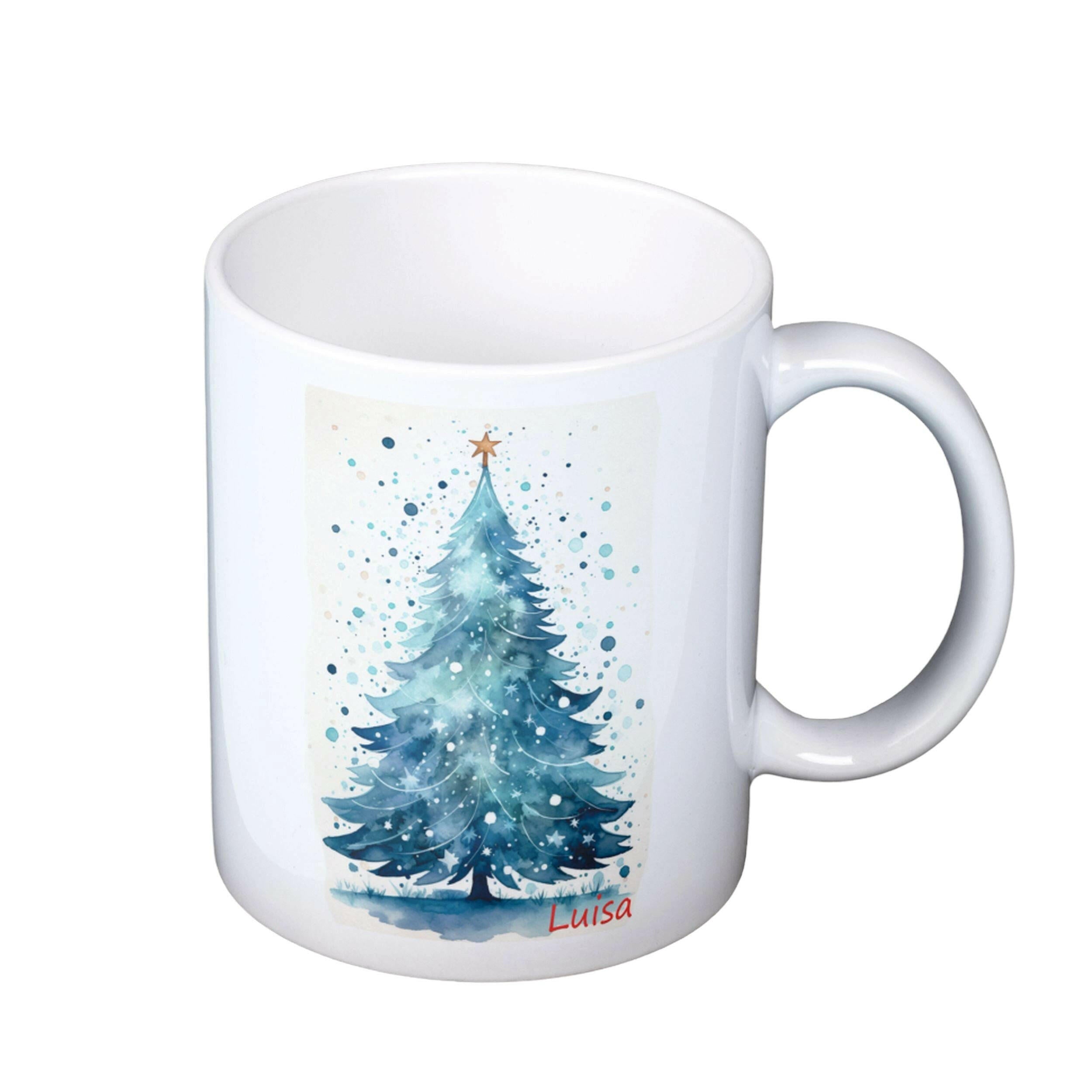Keramikbecher, bedruckt mit Weihnachtsbaum-blau-Grafik und Wunschnamen.